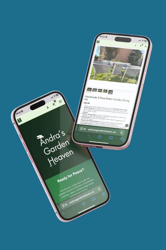 Andra's Garden Heaven — Shopify home screen and product on iPhone 15